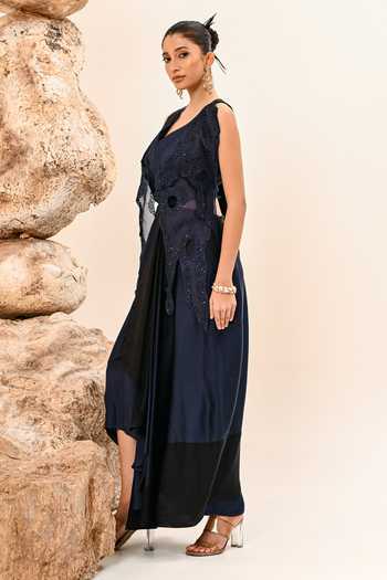 Day And Mood Black Organza, Satin, Modal V-neck Cutwork Sleeveless Dress at Aza Fashions Day And Mood_Black Organza, Satin, Modal V-neck Cutwork Sleeveless Dress _at_Aza_Fashions