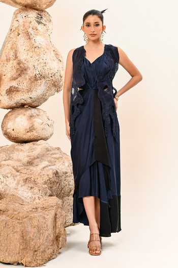 Buy Day And Mood Black Organza, Satin, Modal V-neck Cutwork Sleeveless Dress Buy_Day And Mood_Black Organza, Satin, Modal V-neck Cutwork Sleeveless Dress