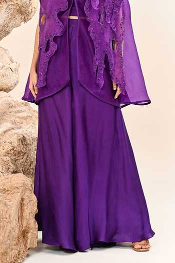 Day And Mood Purple Organza, Modal, Satin Open , Sweetheart Cutwork Jacket Pant Set Online at Aza Fashions Day And Mood_Purple Organza, Modal, Satin Open , Sweetheart Cutwork Jacket Pant Set _Online_at_Aza_Fashions