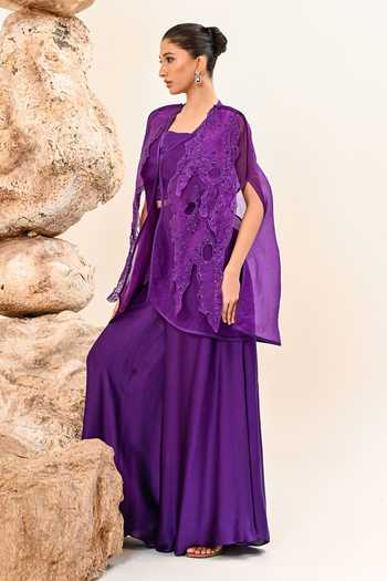 Buy Day And Mood Purple Organza, Modal, Satin Open , Sweetheart Cutwork Jacket Pant Set Online at Aza Fashions Buy_Day And Mood_Purple Organza, Modal, Satin Open , Sweetheart Cutwork Jacket Pant Set _Online_at_Aza_Fashions