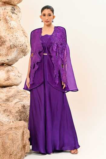 Shop_Day And Mood_Purple Organza, Modal, Satin Open , Sweetheart Cutwork Jacket Pant Set _Online_at_Aza_Fashions