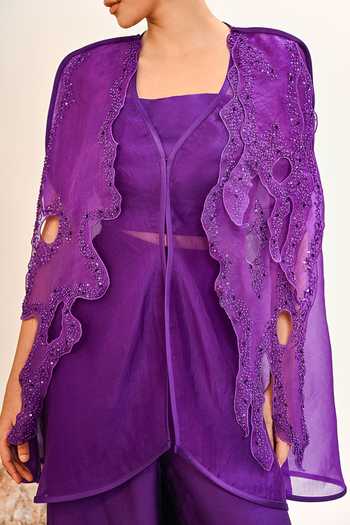 Day And Mood Purple Organza, Modal, Satin Open , Sweetheart Cutwork Jacket Pant Set at Aza Fashions Day And Mood_Purple Organza, Modal, Satin Open , Sweetheart Cutwork Jacket Pant Set _at_Aza_Fashions