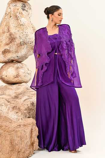 Shop_Day And Mood_Purple Organza, Modal, Satin Open , Sweetheart Cutwork Jacket Pant Set 