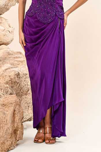 Day And Mood Purple Organza, Crepe Embroidery, Beads Round Neck Corset And Draped Skirt Set Online at Aza Fashions Day And Mood_Purple Organza, Crepe Embroidery, Beads Round Neck Corset And Draped Skirt Set _Online_at_Aza_Fashions