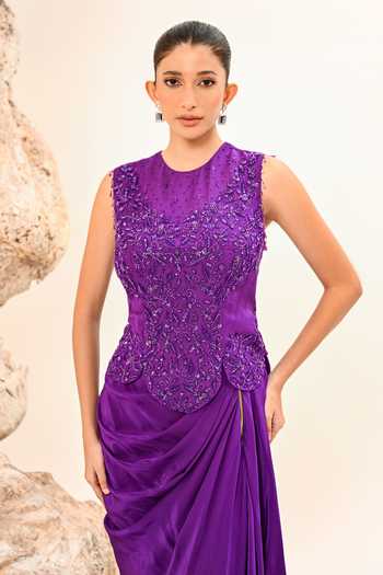 Buy Day And Mood Purple Organza, Crepe Embroidery, Beads Round Neck Corset And Draped Skirt Set Online at Aza Fashions Buy_Day And Mood_Purple Organza, Crepe Embroidery, Beads Round Neck Corset And Draped Skirt Set _Online_at_Aza_Fashions
