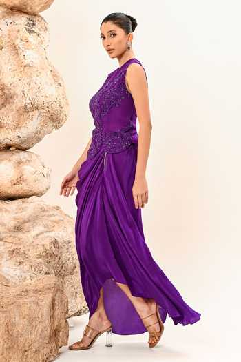 Shop Day And Mood Purple Organza, Crepe Embroidery, Beads Round Neck Corset And Draped Skirt Set Online at Aza Fashions Shop_Day And Mood_Purple Organza, Crepe Embroidery, Beads Round Neck Corset And Draped Skirt Set _Online_at_Aza_Fashions