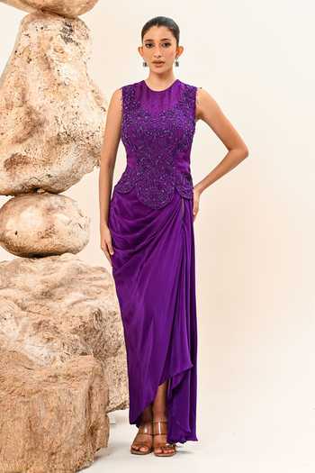 Day And Mood Purple Organza, Crepe Embroidery, Beads Round Neck Corset And Draped Skirt Set at Aza Fashions Day And Mood_Purple Organza, Crepe Embroidery, Beads Round Neck Corset And Draped Skirt Set _at_Aza_Fashions