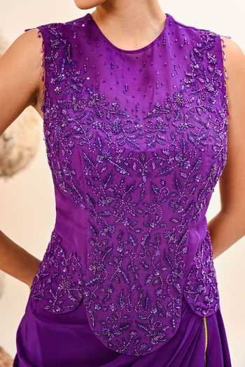 Buy Day And Mood Purple Organza, Crepe Embroidery, Beads Round Neck Corset And Draped Skirt Set Buy_Day And Mood_Purple Organza, Crepe Embroidery, Beads Round Neck Corset And Draped Skirt Set
