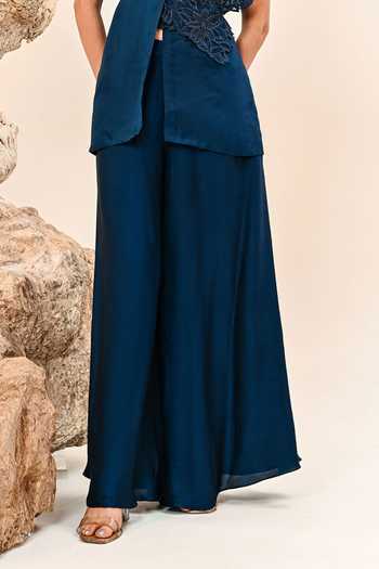 Day And Mood_Blue Organza, Satin, Modal Scoop Neck Cutwork Top Pant Set _Online_at_Aza_Fashions