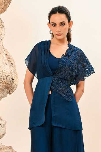 Buy_Day And Mood_Blue Organza, Satin, Modal Scoop Neck Cutwork Top Pant Set _Online_at_Aza_Fashions