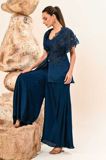 Shop_Day And Mood_Blue Organza, Satin, Modal Scoop Neck Cutwork Top Pant Set _Online_at_Aza_Fashions