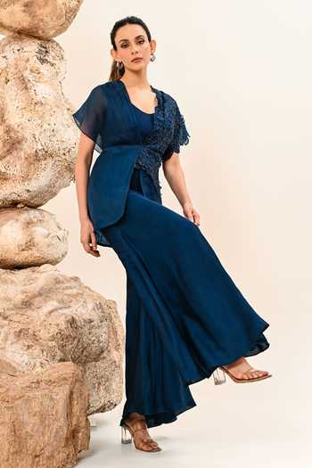 Day And Mood_Blue Organza, Satin, Modal Scoop Neck Cutwork Top Pant Set _at_Aza_Fashions