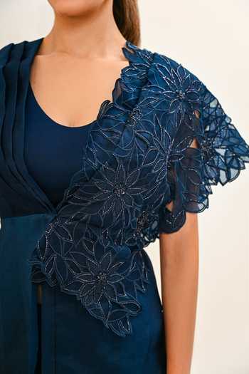 Buy_Day And Mood_Blue Organza, Satin, Modal Scoop Neck Cutwork Top Pant Set 