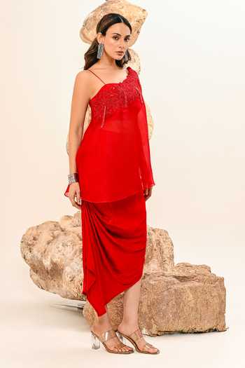 Day And Mood_Red Organza, Satin, Modal One Shoulder Cape Skirt Set _Online_at_Aza_Fashions