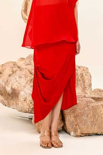 Buy_Day And Mood_Red Organza, Satin, Modal One Shoulder Cape Skirt Set _Online_at_Aza_Fashions
