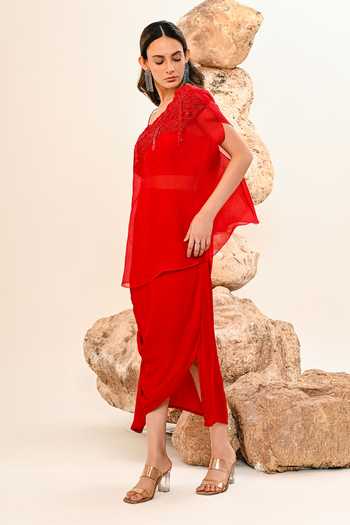 Shop_Day And Mood_Red Organza, Satin, Modal One Shoulder Cape Skirt Set _Online_at_Aza_Fashions