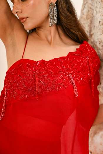 Buy_Day And Mood_Red Organza, Satin, Modal One Shoulder Cape Skirt Set 