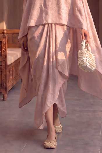 House Of Fett Pink Satin Round Neck Parsi Embroidered Skirt Cape Co-ord Set Online at Aza Fashions House Of Fett_Pink Satin Round Neck Parsi Embroidered Skirt Cape Co-ord Set _Online_at_Aza_Fashions