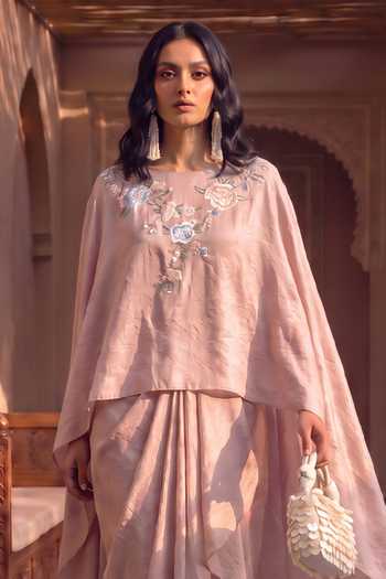 Shop House Of Fett Pink Satin Round Neck Parsi Embroidered Skirt Cape Co-ord Set Online at Aza Fashions Shop_House Of Fett_Pink Satin Round Neck Parsi Embroidered Skirt Cape Co-ord Set _Online_at_Aza_Fashions