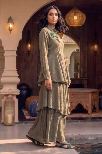 House Of Fett Olive Green Satin, Crinkle Collared Neck Folie Hand Embroidered Shirt Co-ord Set Online at Aza Fashions House Of Fett_Olive Green Satin, Crinkle Collared Neck Folie Hand Embroidered Shirt Co-ord Set _Online_at_Aza_Fashions