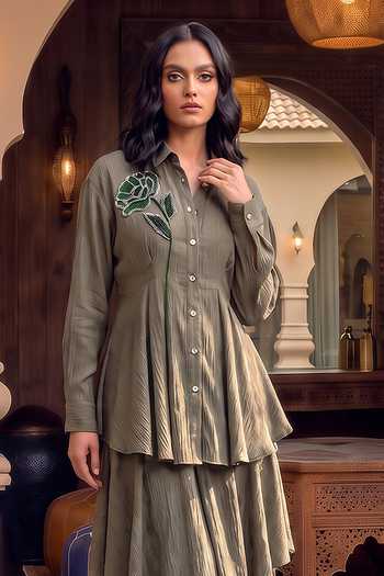 Buy House Of Fett Olive Green Satin, Crinkle Collared Neck Folie Hand Embroidered Shirt Co-ord Set Online at Aza Fashions Buy_House Of Fett_Olive Green Satin, Crinkle Collared Neck Folie Hand Embroidered Shirt Co-ord Set _Online_at_Aza_Fashions