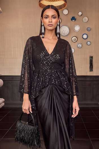 Buy_House Of Fett_Black Satin, Net Embroidery, Sequins V-neck Spartan Cape And Draped Dress Set _Online_at_Aza_Fashions