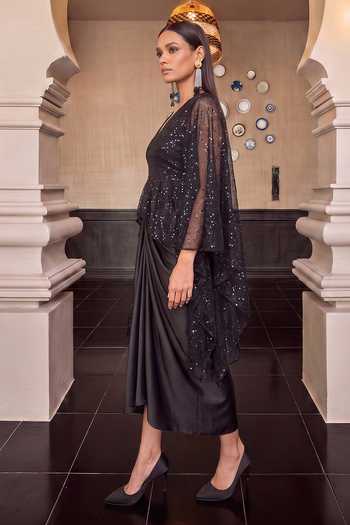 Shop_House Of Fett_Black Satin, Net Embroidery, Sequins V-neck Spartan Cape And Draped Dress Set _Online_at_Aza_Fashions