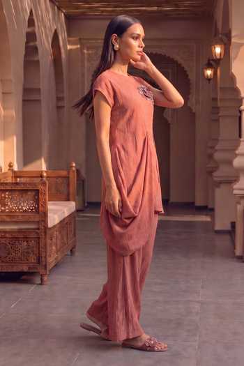 Shop House Of Fett Pink Round Neck Camelia Pant Co-ord Set Online at Aza Fashions Shop_House Of Fett_Pink Round Neck Camelia Pant Co-ord Set _Online_at_Aza_Fashions
