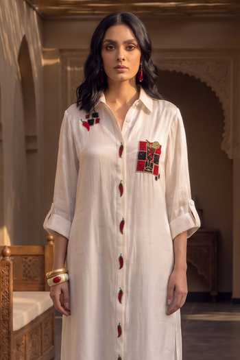 House Of Fett Off White Satin Collared Neck Picante Hand Embroidered Long Shirt Dress Online at Aza Fashions House Of Fett_Off White Satin Collared Neck Picante Hand Embroidered Long Shirt Dress _Online_at_Aza_Fashions