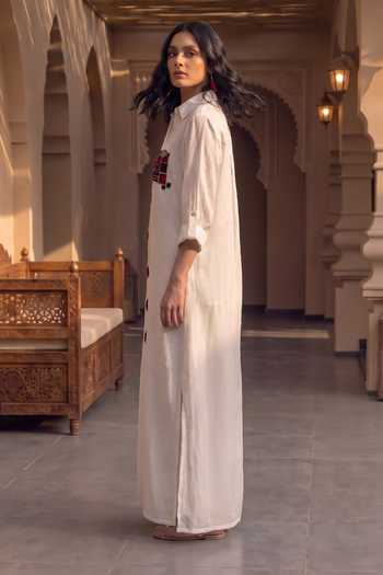 Buy House Of Fett Off White Satin Collared Neck Picante Hand Embroidered Long Shirt Dress Online at Aza Fashions Buy_House Of Fett_Off White Satin Collared Neck Picante Hand Embroidered Long Shirt Dress _Online_at_Aza_Fashions