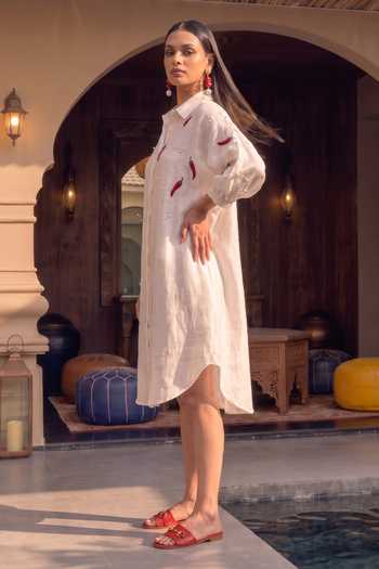 House Of Fett_Off White Satin Collared Neck Chilli Embroidered Shirt Dress _Online_at_Aza_Fashions