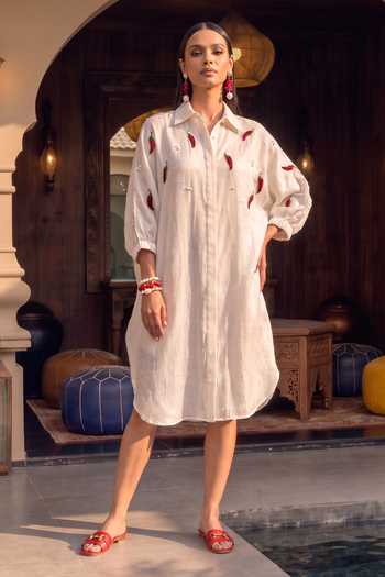 Buy_House Of Fett_Off White Satin Collared Neck Chilli Embroidered Shirt Dress _Online_at_Aza_Fashions
