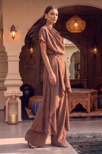 House Of Fett Chocolate Cowl Neck Festive Mersin Pant Set Online at Aza Fashions House Of Fett_Chocolate Cowl Neck Festive Mersin Pant Set _Online_at_Aza_Fashions
