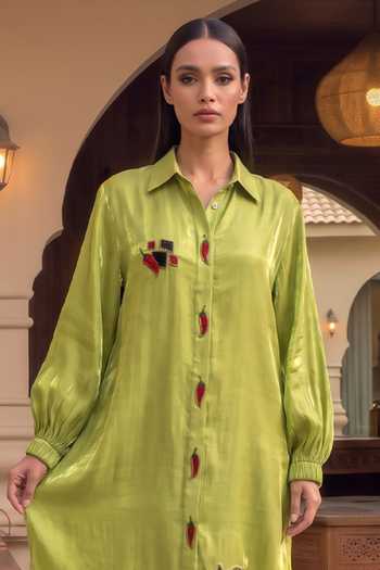 House Of Fett_Green Satin Collared Neck Jalapeno Picante Embroidered Dress _Online_at_Aza_Fashions