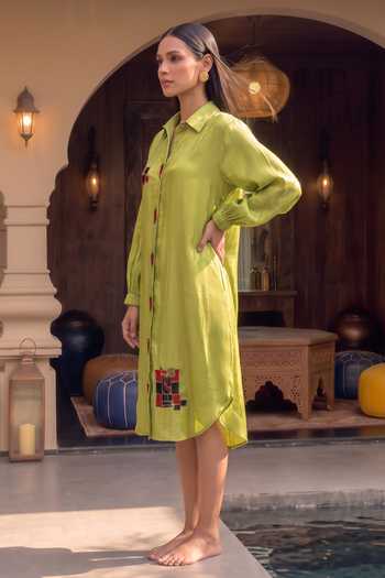 Buy_House Of Fett_Green Satin Collared Neck Jalapeno Picante Embroidered Dress _Online_at_Aza_Fashions