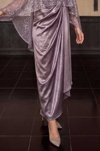 House Of Fett_Purple Satin Keyhole , Round Libra Lunar Shimmer Cape And Dress Set _Online_at_Aza_Fashions