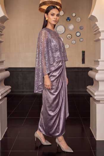 Buy_House Of Fett_Purple Satin Keyhole , Round Libra Lunar Shimmer Cape And Dress Set _Online_at_Aza_Fashions