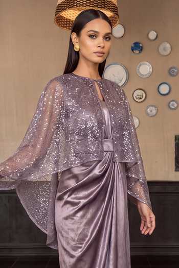 Shop_House Of Fett_Purple Satin Keyhole , Round Libra Lunar Shimmer Cape And Dress Set _Online_at_Aza_Fashions