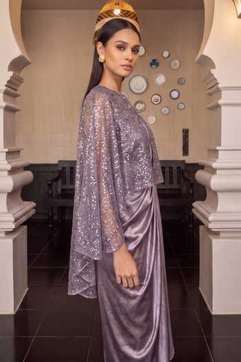 House Of Fett_Purple Satin Keyhole , Round Libra Lunar Shimmer Cape And Dress Set _at_Aza_Fashions
