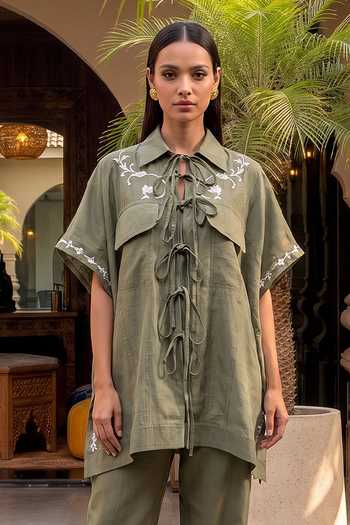 Shop House Of Fett Green Silk, Cotton Collared Neck Sage Leather Patchwork Cape Set Online at Aza Fashions Shop_House Of Fett_Green Silk, Cotton Collared Neck Sage Leather Patchwork Cape Set _Online_at_Aza_Fashions