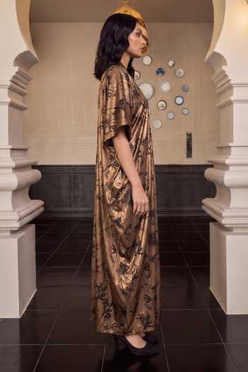 House Of Fett_Brown V-neck Gilded Garden Kaftan _Online_at_Aza_Fashions