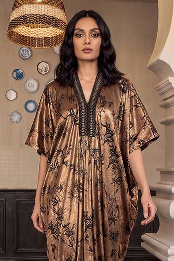 Buy_House Of Fett_Brown V-neck Gilded Garden Kaftan _Online_at_Aza_Fashions