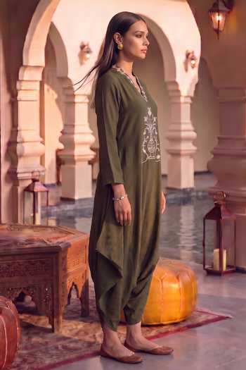 House Of Fett Olive Green Crepe V-neck Muse Leather Patchwork Jumpsuit Online at Aza Fashions House Of Fett_Olive Green Crepe V-neck Muse Leather Patchwork Jumpsuit _Online_at_Aza_Fashions