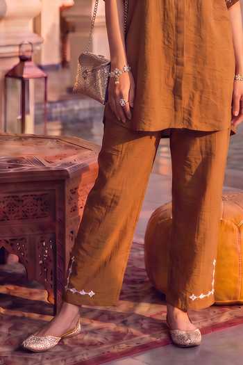 Buy House Of Fett Brown Crepe Collared Neck Caramel Leather Patchwork Pant Set Online at Aza Fashions Buy_House Of Fett_Brown Crepe Collared Neck Caramel Leather Patchwork Pant Set _Online_at_Aza_Fashions