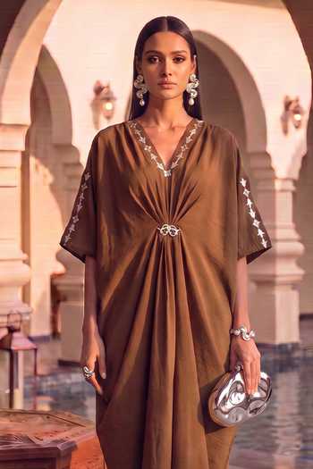 House Of Fett_Brown Crepe V-neck Desert Leather Patchwork Kaftan _Online_at_Aza_Fashions
