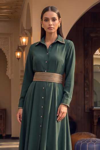 House Of Fett_Green Crepe Collared Neck Midas Patchwork Belted Midi Dress _Online_at_Aza_Fashions