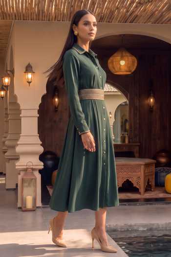 Buy_House Of Fett_Green Crepe Collared Neck Midas Patchwork Belted Midi Dress _Online_at_Aza_Fashions