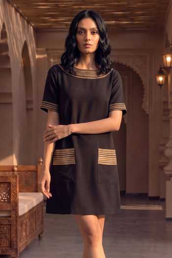 House Of Fett_Black Crepe Round Neck Aurum Leather Patchwork Short Dress _Online_at_Aza_Fashions