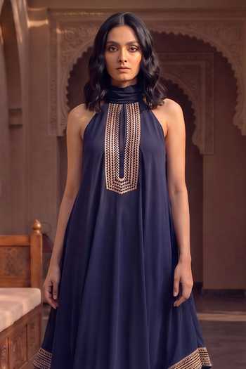 House Of Fett Navy Halter Neck Antares Leather Patchwork Dress Online at Aza Fashions House Of Fett_Navy Halter Neck Antares Leather Patchwork Dress _Online_at_Aza_Fashions