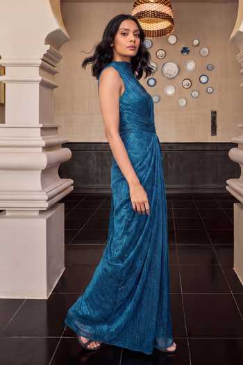 House Of Fett Blue Georgette Asymmetric Neck Royale Draped Gown Online at Aza Fashions House Of Fett_Blue Georgette Asymmetric Neck Royale Draped Gown _Online_at_Aza_Fashions